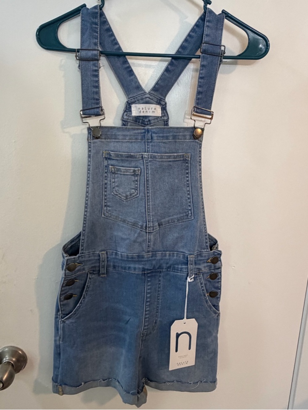 Nature Denim Overall Shorts Size Small Light Wash Adjustable Straps NWT
